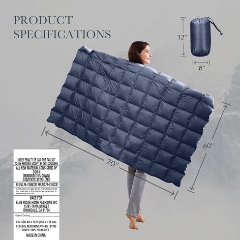 Blue Ridge Home Fashions Outdoor Down Throw Blanket for Camping Hiking - Packable Lightweight and Durable Blanket 60" x 70" with Carrying Pouch, 650 Fill Power Puffy Travel Picnic Beach Blanket in Saudi Arabia