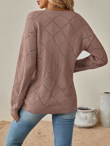 COZYEASE Women's V Neck Drop Shoulder Pointelle Knit Casual Tops Plain Long Sleeve Pullover Loose Sweater in Saudi Arabia
