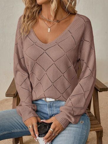 COZYEASE Women's V Neck Drop Shoulder Pointelle Knit Casual Tops Plain Long Sleeve Pullover Loose Sweater in Saudi Arabia
