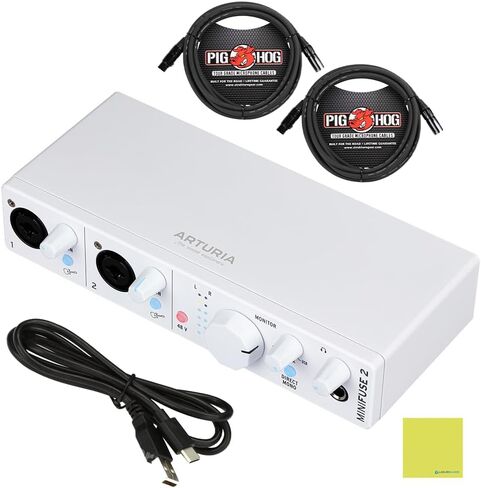 Arturia MiniFuse 2 Dual USB Audio Interface، حزمة بيضاء مع 2x Pig Hog PHM10 8mm 10ft XLR كبل ميكروفون وقطعة قماش لتلميع أدوات الصوت السائلة - واجهة صوتية محمولة للكمبيوتر الشخصي، Mac in Saudi Arabia