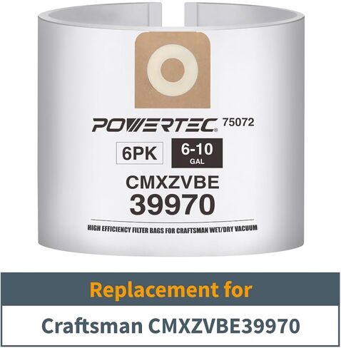 أكياس مكنسة كهربائية POWERTEC Shop 6PK للحرفيين 4 جالون، أكياس فلتر بديلة للحرفيين CMXZVBE43270 أكياس تجميع الغبار الرطبة/الجافة، ملحقات المكنسة الكهربائية للحرفيين (75071-P3) in Kuwait