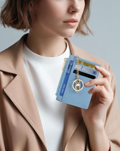 Small Pocket Wallet Slim RFID Blocking Card Holder Keychian Zipper Coin Purse Mini Cash & Coin & Cards Case for Women Men (White) in Kuwait