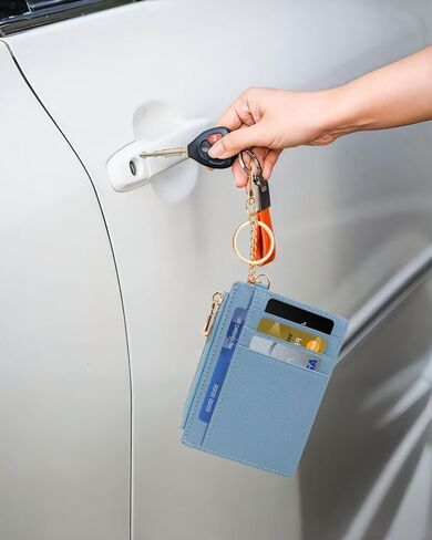 Small Pocket Wallet Slim RFID Blocking Card Holder Keychian Zipper Coin Purse Mini Cash & Coin & Cards Case for Women Men (White) in Kuwait