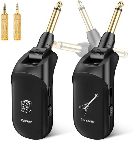 نظام جيتار لاسلكي يدعم 4 قنوات مستقبل إرسال لاسلكي UFH قابل لإعادة الشحن للجيتار الكهربائي ولوحة مفاتيح الكمان والستيريو والأحادية 6.35 مم و3.5 مم 2 في 1، أسود in Kuwait