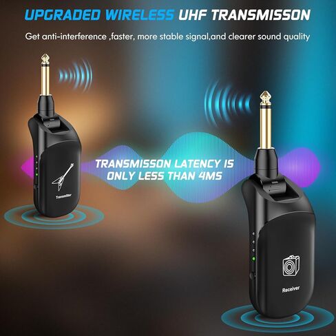 نظام جيتار لاسلكي يدعم 4 قنوات مستقبل إرسال لاسلكي UFH قابل لإعادة الشحن للجيتار الكهربائي ولوحة مفاتيح الكمان والستيريو والأحادية 6.35 مم و3.5 مم 2 في 1، أسود in Kuwait