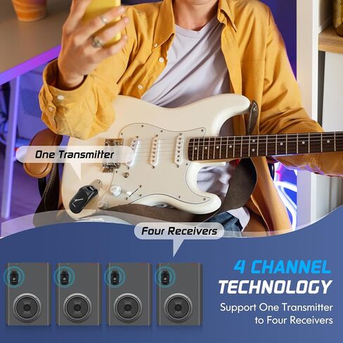 نظام جيتار لاسلكي يدعم 4 قنوات مستقبل إرسال لاسلكي UFH قابل لإعادة الشحن للجيتار الكهربائي ولوحة مفاتيح الكمان والستيريو والأحادية 6.35 مم و3.5 مم 2 في 1، أسود in Kuwait