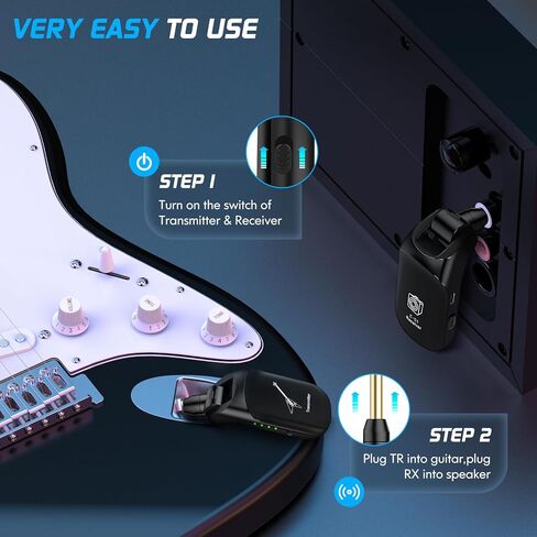 نظام جيتار لاسلكي يدعم 4 قنوات مستقبل إرسال لاسلكي UFH قابل لإعادة الشحن للجيتار الكهربائي ولوحة مفاتيح الكمان والستيريو والأحادية 6.35 مم و3.5 مم 2 في 1، أسود in Kuwait