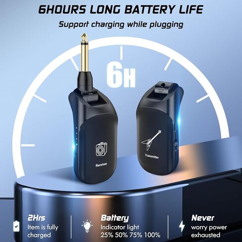 نظام جيتار لاسلكي يدعم 4 قنوات مستقبل إرسال لاسلكي UFH قابل لإعادة الشحن للجيتار الكهربائي ولوحة مفاتيح الكمان والستيريو والأحادية 6.35 مم و3.5 مم 2 في 1، أسود in Kuwait