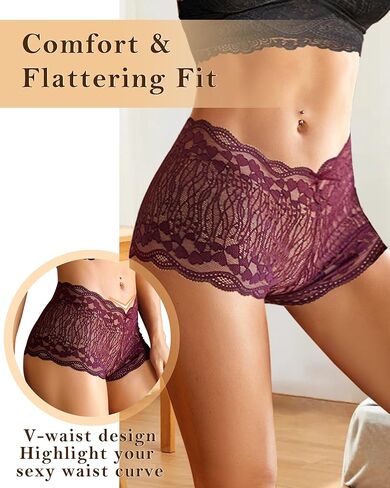 ملابس داخلية من الدانتيل بخصر عالٍ من ASIMOON للنساء سراويل داخلية صفيق قابلة للتنفس ناعمة وقابلة للتمدد على شكل حرف V سراويل داخلية in Kuwait