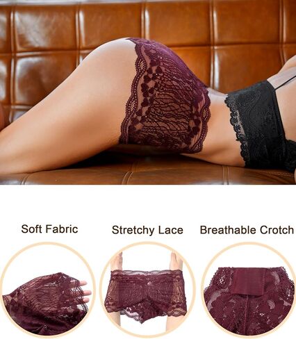 ملابس داخلية من الدانتيل بخصر عالٍ من ASIMOON للنساء سراويل داخلية صفيق قابلة للتنفس ناعمة وقابلة للتمدد على شكل حرف V سراويل داخلية in Kuwait