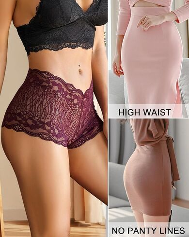 ملابس داخلية من الدانتيل بخصر عالٍ من ASIMOON للنساء سراويل داخلية صفيق قابلة للتنفس ناعمة وقابلة للتمدد على شكل حرف V سراويل داخلية in Kuwait