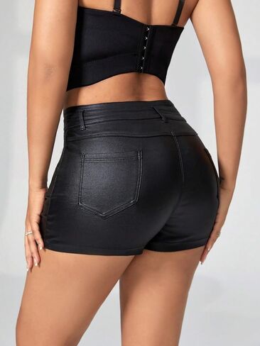 MakeMeChic Women's Faux PU Leather Mini Shorts High Waisted Straight Leg Zip Fly Casual Shorts with Pockets in Saudi Arabia
