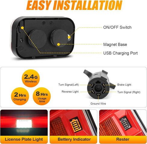 مجموعة أضواء المقطورة المغناطيسية اللاسلكية، ضوء خلفي للمقطورة LED مع طريقتين للشحن، ضوء لوحة ترخيص عالمي لإيقاف التشغيل لشاحنات السحب والقوافل والمعسكرات والمركبات الترفيهية والقوارب in Kuwait