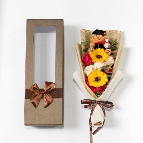 Ansuma 13" Graduation Rose Sunflower Scented Soap Flower Bouquet Mini Plush Graduation Teddy Bear with Grad Cap Floral Arrangements Gift Box for Graduation Party Favors Supplies (Blue) in Saudi Arabia