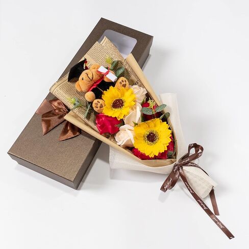 Ansuma 13" Graduation Rose Sunflower Scented Soap Flower Bouquet Mini Plush Graduation Teddy Bear with Grad Cap Floral Arrangements Gift Box for Graduation Party Favors Supplies (Blue) in Saudi Arabia