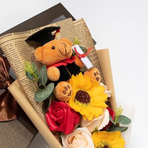 Ansuma 13" Graduation Rose Sunflower Scented Soap Flower Bouquet Mini Plush Graduation Teddy Bear with Grad Cap Floral Arrangements Gift Box for Graduation Party Favors Supplies (Blue) in Saudi Arabia