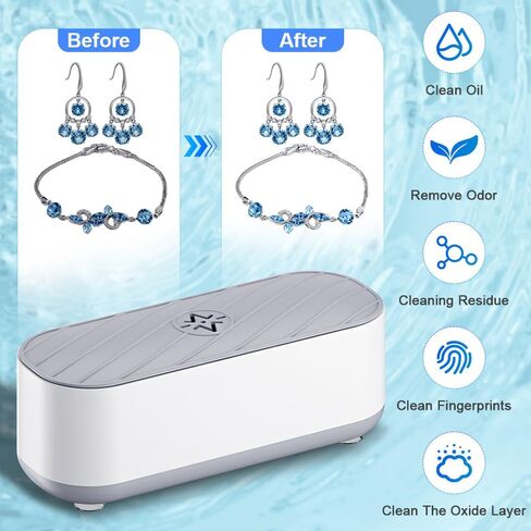 منظف ​​المجوهرات بالموجات فوق الصوتية، جهاز محمول للتنظيف بالموجات فوق الصوتية 45 كيلو هرتز 360 درجة لجميع المجوهرات، الخاتم، الأقراط، القلادة، الفضة، التجنيب، النظارات، الساعات، العملات المعدنية، شفرات الحلاقة in Kuwait
