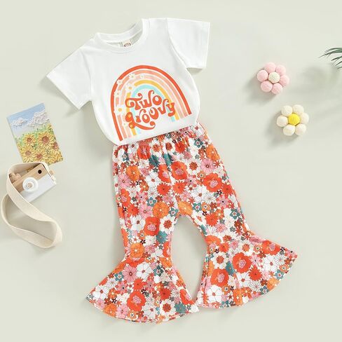 Toddler Baby Girl Birthday Outfit Sweet One/Two/Three Bodysuit/Shirt Top Floral Flare Pant Headband Party Clothes in Kuwait