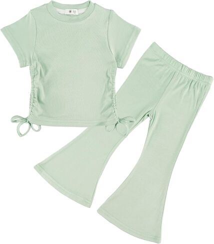 Toddler Girl Summer Clothes Short Sleeve shirring T-Shirt Flare Pants 2Pcs Baby Bell Bottom Outfits in Saudi Arabia