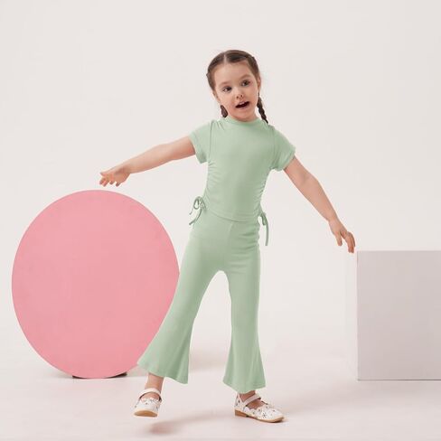 Toddler Girl Summer Clothes Short Sleeve shirring T-Shirt Flare Pants 2Pcs Baby Bell Bottom Outfits in Saudi Arabia