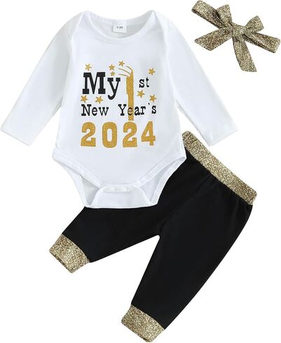 ملابس بناتي للعام الأول من My First New Year لعام 2024 طقم سراويل رومبير بأكمام طويلة للأطفال مع عصابة رأس على شكل فيونكة in Saudi Arabia