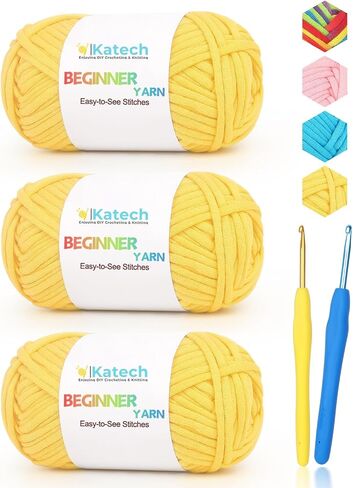 Katech Easy Crochet Yarn for Crocheting and Knitting-Extra 2 Crochet Hooks-Cotton Crochet Yarn for Beginners with Easy-to-See Stitches Cotton-Nylon Blend Yarn for Beginners Crochet Kit Making(3x50g) in Saudi Arabia