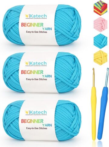 Katech Easy Crochet Yarn for Crocheting and Knitting-Extra 2 Crochet Hooks-Cotton Crochet Yarn for Beginners with Easy-to-See Stitches Cotton-Nylon Blend Yarn for Beginners Crochet Kit Making(3x50g) in Saudi Arabia