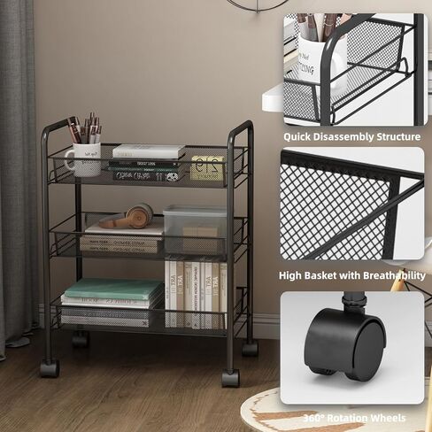 عربة دوارة كبيرة جدًا مكونة من 3 طبقات - فسيحة ومتينة وسهلة التجميع، عربة أدوات معدنية واسعة مع أرفف شبكية، تدعم ما يصل إلى 55 رطلاً، 4 خطافات، مثالية للمطبخ والحمام والمزيد - أسود أنيق in Kuwait