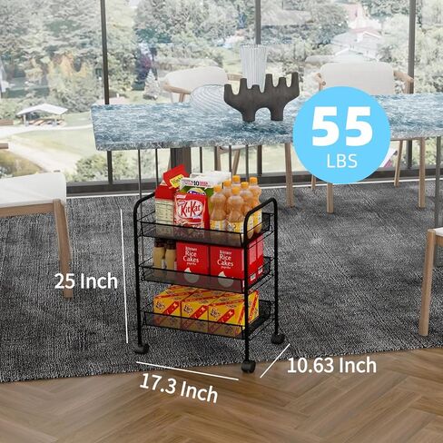 عربة دوارة كبيرة جدًا مكونة من 3 طبقات - فسيحة ومتينة وسهلة التجميع، عربة أدوات معدنية واسعة مع أرفف شبكية، تدعم ما يصل إلى 55 رطلاً، 4 خطافات، مثالية للمطبخ والحمام والمزيد - أسود أنيق in Kuwait