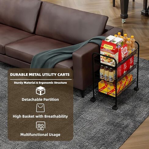 عربة دوارة كبيرة جدًا مكونة من 3 طبقات - فسيحة ومتينة وسهلة التجميع، عربة أدوات معدنية واسعة مع أرفف شبكية، تدعم ما يصل إلى 55 رطلاً، 4 خطافات، مثالية للمطبخ والحمام والمزيد - أسود أنيق in Kuwait