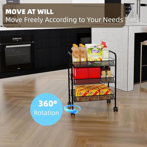 عربة دوارة كبيرة جدًا مكونة من 3 طبقات - فسيحة ومتينة وسهلة التجميع، عربة أدوات معدنية واسعة مع أرفف شبكية، تدعم ما يصل إلى 55 رطلاً، 4 خطافات، مثالية للمطبخ والحمام والمزيد - أسود أنيق in Kuwait