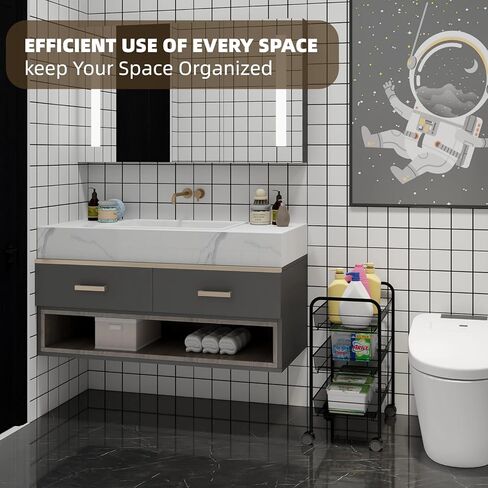 عربة دوارة كبيرة جدًا مكونة من 3 طبقات - فسيحة ومتينة وسهلة التجميع، عربة أدوات معدنية واسعة مع أرفف شبكية، تدعم ما يصل إلى 55 رطلاً، 4 خطافات، مثالية للمطبخ والحمام والمزيد - أسود أنيق in Kuwait