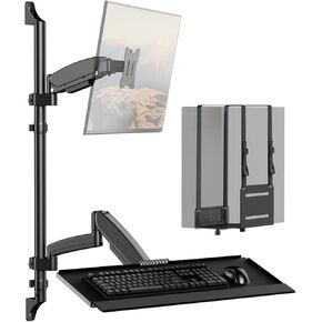 Wall Mount Sit Stand Workstation with Single Monitor Mount, Keyboard Tray and CPU Holder, Height Adjustable Full Motion Arms for 13-32 inch Screens, VESA 75x75, 100x100, Black in Saudi Arabia