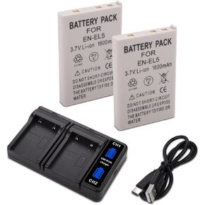 2 بطارية EN-EL5 مع شاحن USB-C ذكي LCD مزدوج لكاميرا Nikon CoolPix P80، P90، P100، P500، P510، P520، P530، P5100، P5000، P6000، 3700، 4200، 5200، 5900، 7900، P3، P4، S10 in Kuwait