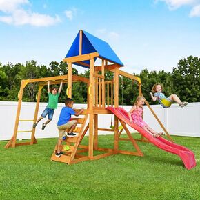 Playground Sets for Backyards,Toddler Slide and Swing Set with Basketball Hoop for 3-6 Years Kids, Toddler Climber, Football Net, Telescope, Drawing Board, Perfect Wooden Playsets in Saudi Arabia