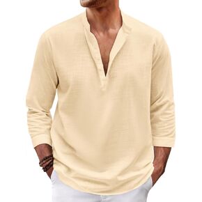 Karlywindow Mens Linen Henley Shirts Long Sleeve Hippie Yoga Summer Beach Casual Henleys T-Shirt in Kuwait