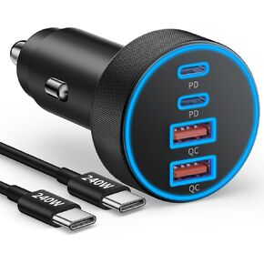 شاحن سيارة USB C شحن سريع، شاحن هاتف سيارة 90 وات 4 منافذ شحن فائق السرعة مزدوج USB-C وUSB-A محول ولاعة سجائر مع كابل 240 وات نوع C لهاتف Samsung Galaxy S26/S25/S24/ S23، بكسل، أندرويد in Kuwait