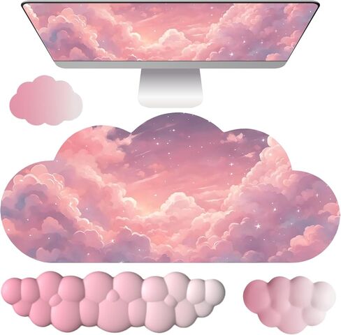 Cloud Mouse Pad Keyboard Wrist Rest for Mouse 4PCS Extended Large Galaxy Space Desk Mat Pad Set Memory Foam Non-Slip Cute Ergonomic Game Mouse Wrist Support for Computer Home Office Pink Starry Sky in Saudi Arabia