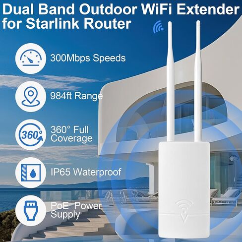 Outdoor WiFi Extender for Starlink Gen 3 Router, 300Mbps IP65 Waterproof WiFi Extender with Ethernet Over PoE, 984ft Coverage, Dual-Band Booster for Yard, Pool, Garage, Compatible with All Routers in Saudi Arabia