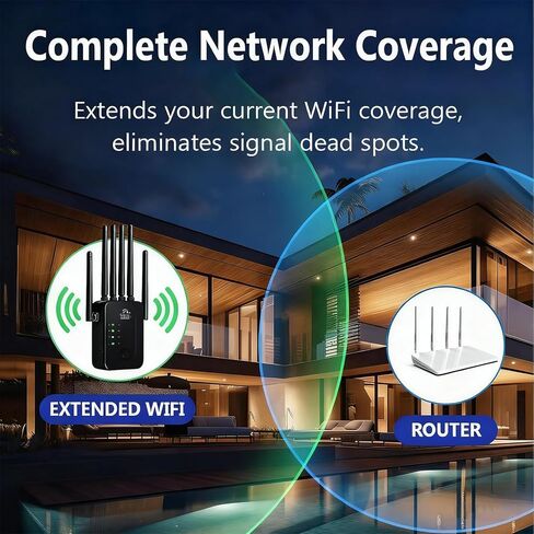 WiFi Extender Signal Booster, WiFi Extender with Ethernet Port, WiFi Booster Dual Band 2.4GHz, Up to 12000 Sq.ft and 60 Devices, Stable Internet Performance, Black in Saudi Arabia