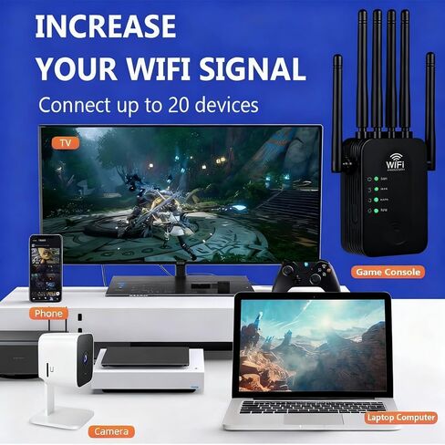 WiFi Extender Signal Booster, WiFi Extender with Ethernet Port, WiFi Booster Dual Band 2.4GHz, Up to 12000 Sq.ft and 60 Devices, Stable Internet Performance, Black in Saudi Arabia