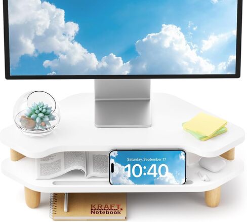 AFOOYO Monitor Stand Riser,2 Tier Corner Wood Sturdy 16.5In Computer Stand, Multi-Purpose Desktop Storage Stand for Laptop,PC,iMac,Printer,Computer,White in Saudi Arabia