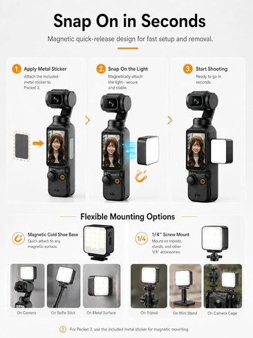 ضوء LED مغناطيسي صغير لكاميرات DJI Osmo Pocket 3 وكاميرات الحركة، ضوء تعبئة حذاء بارد قابل لإعادة الشحن لمدونات الفيديو والصور الذاتية وتسجيل الفيديو، 3 أوضاع ألوان، 3 مستويات سطوع in Kuwait