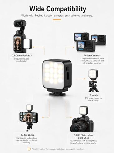 ضوء LED مغناطيسي صغير لكاميرات DJI Osmo Pocket 3 وكاميرات الحركة، ضوء تعبئة حذاء بارد قابل لإعادة الشحن لمدونات الفيديو والصور الذاتية وتسجيل الفيديو، 3 أوضاع ألوان، 3 مستويات سطوع in Kuwait