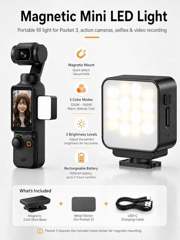 ضوء LED مغناطيسي صغير لكاميرات DJI Osmo Pocket 3 وكاميرات الحركة، ضوء تعبئة حذاء بارد قابل لإعادة الشحن لمدونات الفيديو والصور الذاتية وتسجيل الفيديو، 3 أوضاع ألوان، 3 مستويات سطوع in Kuwait
