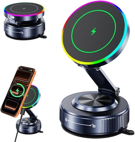 لشاحن MagSafe Car Mount Charger [15W Wireless Fast Charging]، حامل هاتف مغناطيسي للسيارة [120LBS Ultra Suction Cup & 3000gf Magnet]، حامل هاتف قابل للتعديل لسيارتك iPhone 17-12 in Kuwait
