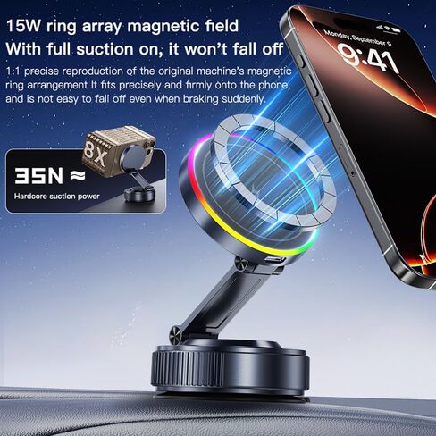 لشاحن MagSafe Car Mount Charger [15W Wireless Fast Charging]، حامل هاتف مغناطيسي للسيارة [120LBS Ultra Suction Cup & 3000gf Magnet]، حامل هاتف قابل للتعديل لسيارتك iPhone 17-12 in Kuwait