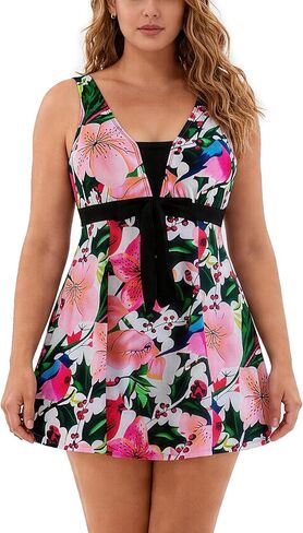 Wantdo Women's Plus Size One Piece Swimsuit Floral Printed Swimdress Cover Up Skirtini Bathing Suit in Kuwait