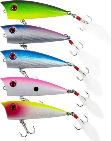 5Pcs Fishing Popper Lures Bass Fishing Lures Hard Bait Topwater Rattle Bait with Feathered Treble Hooks for Bass Trout Perch Salmon 2.56in/0.21oz in Saudi Arabia