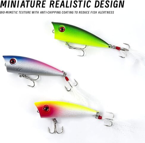 5Pcs Fishing Popper Lures Bass Fishing Lures Hard Bait Topwater Rattle Bait with Feathered Treble Hooks for Bass Trout Perch Salmon 2.56in/0.21oz in Saudi Arabia